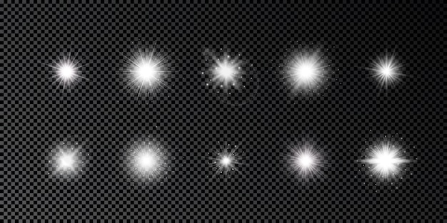 Effetto luce dei riflessi dell'obiettivo. set di dieci effetti starburst di luci bianche incandescenti con scintillii su uno sfondo trasparente scuro. illustrazione vettoriale