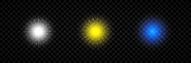 Light effect of lens flares Set of three white yellow and blue glowing lights starburst effects with sparkles on a transparent background Vector illustration