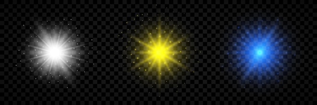 Vector light effect of lens flares set of three white yellow and blue glowing lights starburst effects with sparkles on a transparent background vector illustration