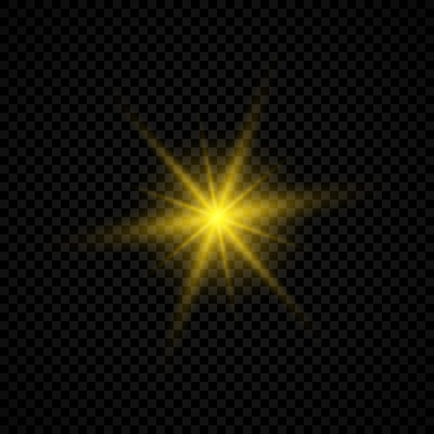 Световой эффект бликов линз. Желтые светящиеся огни эффекты звездообразования с блестками на прозрачном фоне. Векторная иллюстрация