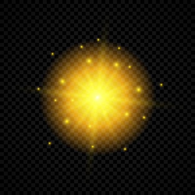 Vettore effetto luce dei riflessi dell'obiettivo. luci incandescenti gialle effetti starburst con scintillii su uno sfondo trasparente. illustrazione vettoriale