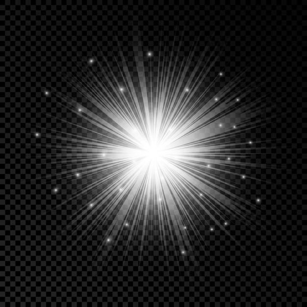 ベクトル レンズフレアの光の効果。白く光るライトは、透明な背景に輝きを放つスターバースト効果をもたらします。ベクトルイラスト