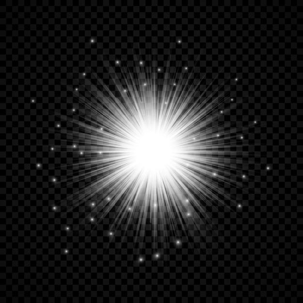 レンズフレアの光の効果。透明な背景にキラキラと輝く白い光るライトスターバースト効果。ベクトルイラスト