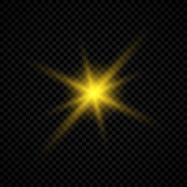 レンズフレアの光効果。黄色に輝くライトは、透明な背景に輝きを放つスターバースト効果を発揮します。ベクトルイラスト