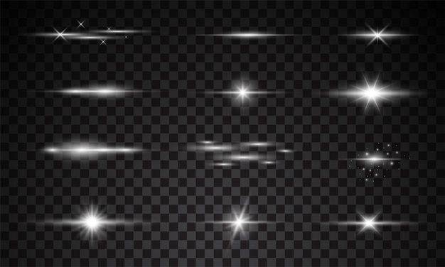 Light effect set isolated on dark transparent background. Lens flare, explosion, glitter, line, sun flash, spark and stars.