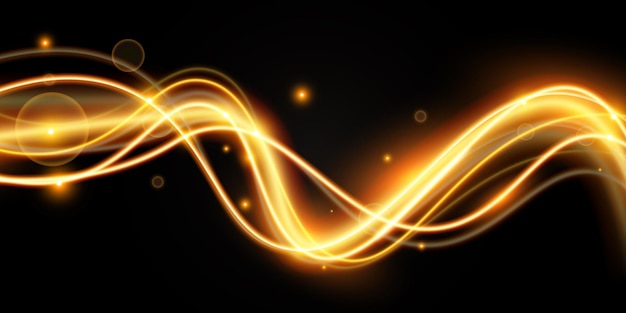 Light effect of shiny gold linesGold color glowing design elementWavy bright stripes