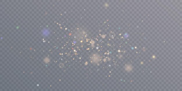 透明な背景に金色の光沢のあるきらめく粒子がたくさんある光の効果