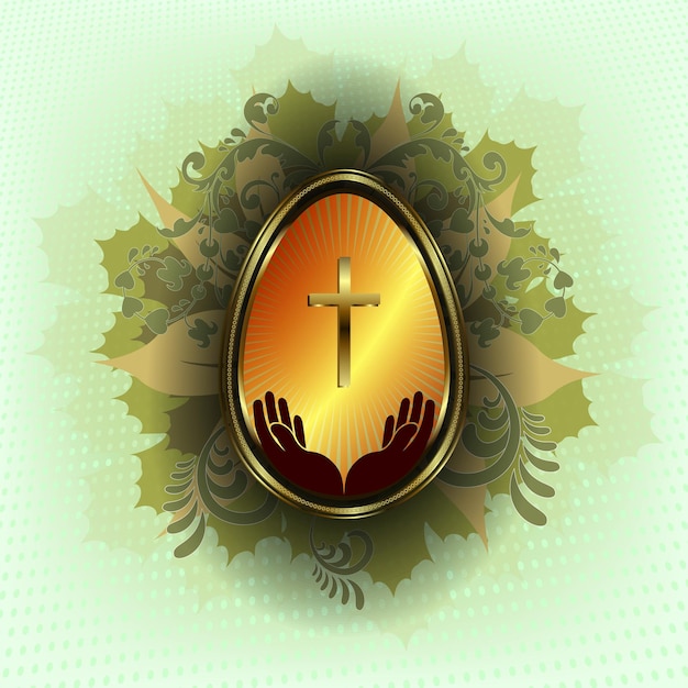 Vector light green design easter eggs with a gold border with a cross and hands