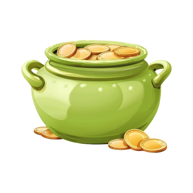 Vettore pot verde chiaro con monete d'oro in stile cartone animato su sfondo bianco