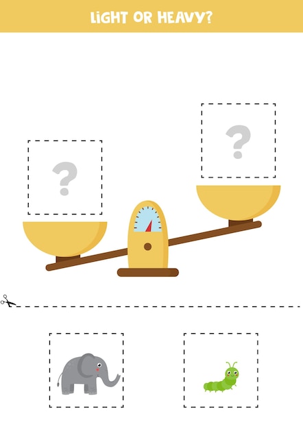 Light, heavy or equal. Educational worksheet with scales. Introduction of weight for kids.