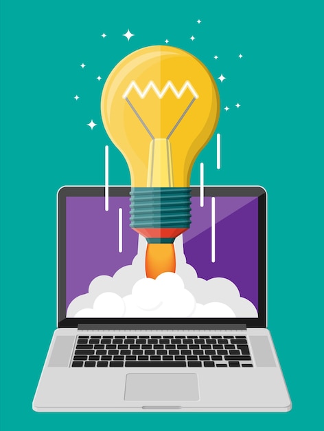 light idea bulb launching into space from laptop screen. startup, idea, creativity, innovation. crowdfunding, start-up or new business model. vector illustration in flat style