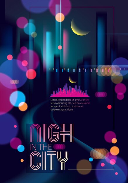 Vector light night at city, bokeh abstract background blurred lights. effect vector beautiful background. blur colorful dark background with cityscape, buildings silhouettes. brochure, flyer, cover, poster o