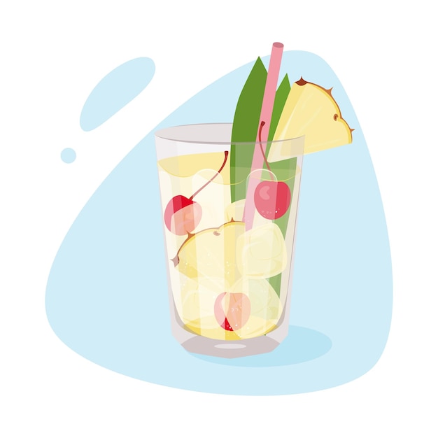 Light nonalcoholic cocktail with pineapple cherries and ice cubes Vector