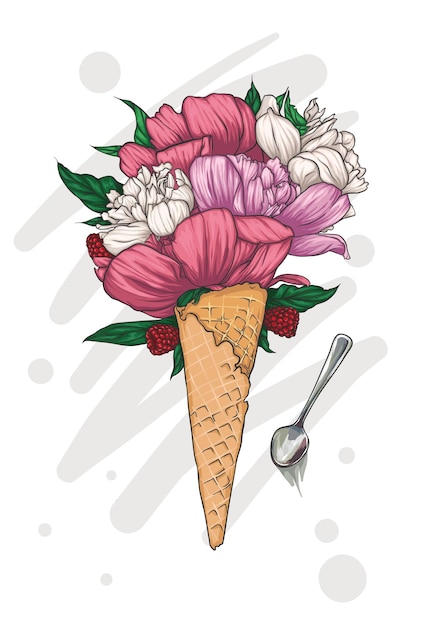 Light pink peony flowers  bouquet raspberry with ice cream cone