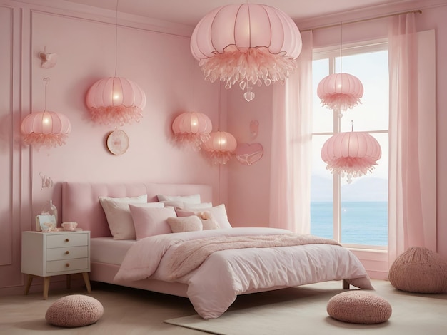 A light pink room with cute aquatic decorations