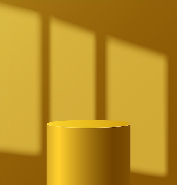 쇼케이스 디스플레이 프레젠테이션 스튜디오 룸 개념을 위한 노란색 색상 실린더 스탠드 페데스탈 벡터 스테이지가 있는 벽의 창에서 그림자가 있는 밝은 연단