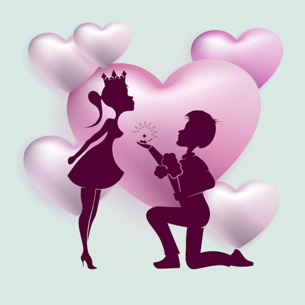 Light purple composition with silhouettes of a boy and a girl in a crown