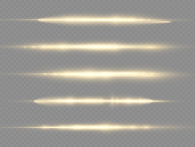 Vettore raggi di luce lampeggiano razzi di lenti orizzontali dorati pack raggi laser bagliore linea gialla bellissimo bagliore