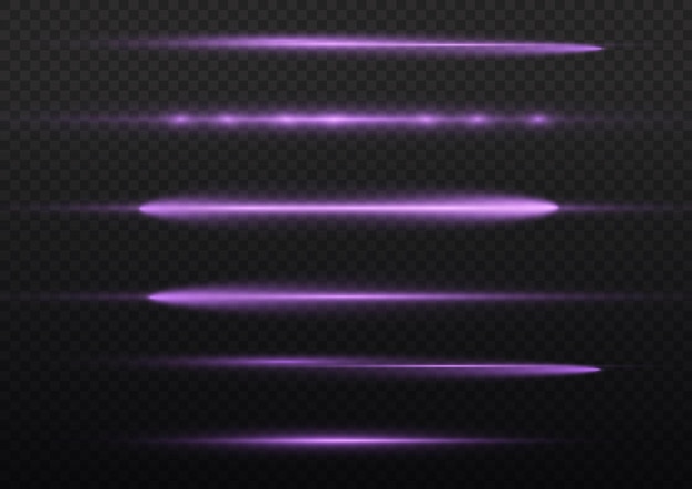 Light rays flash purple horizontal lens flares pack laser beams glow violet line beautiful flare