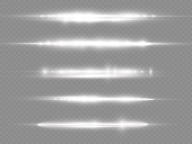 Light rays flash white horizontal lens flares pack laser beams glow white line beautiful flare