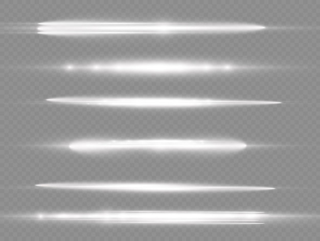 Vector light rays flash white horizontal lens flares pack laser beams glow white line beautiful flare