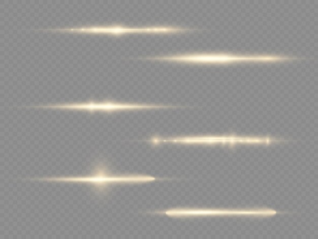 Light rays flash yellow horizontal lens flares pack laser beams glow yellow line beautiful flare