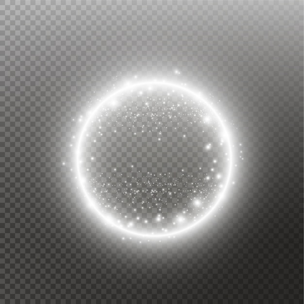 ベクトル ライトリング。透明な背景に分離されたライトダストトレイル粒子と丸い光沢のあるフレーム。