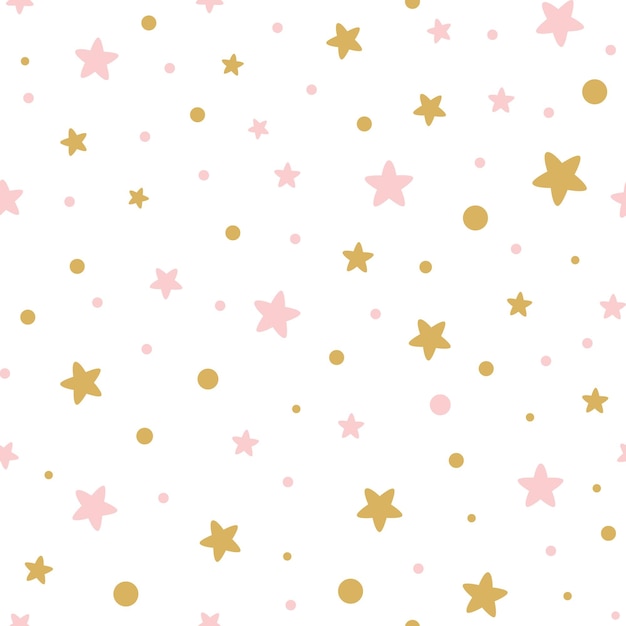 Vettore motivo senza cuciture chiaro decorato stelle dorate e rosa su bianco motivi rosa dolci senza cuciture per sfondo di design ragazza illustrazione vettoriale per natale carta da parati avvolgere tessuto panno tessile baby shower