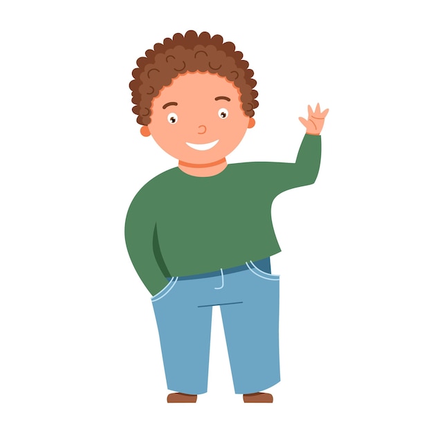 A light-skinned, blond, curly-haired boy waves. vector funny childrenes character in cartoon style.