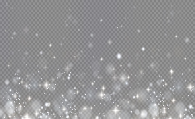 Polvere scintillante leggera con stelle bianche scintillanti su uno sfondo trasparente