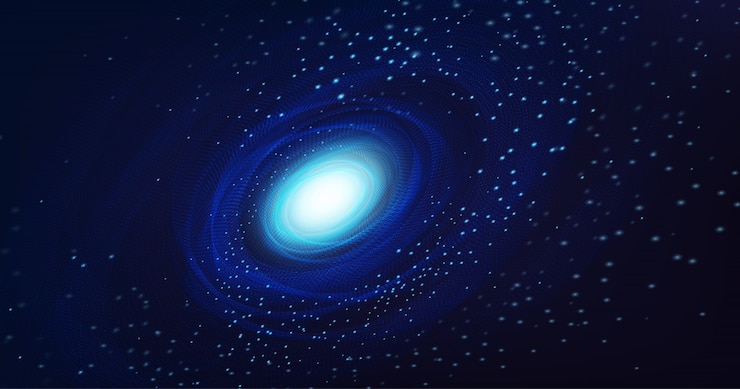 Vector light spiral galaxy on cosmic background.
