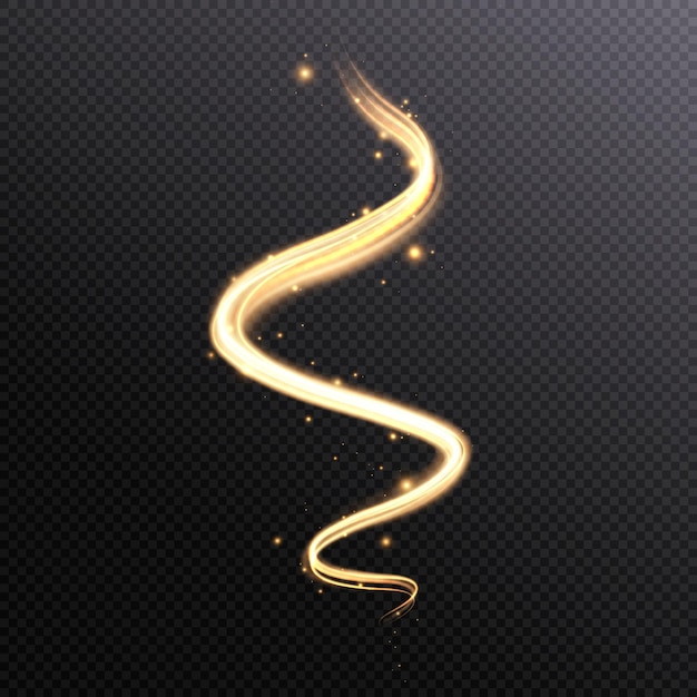 Vector light spiral lines with golden shimmering effects of an abstract swirl of light energy.