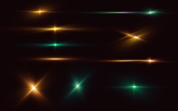 Light and stars shine golden or green neon lens flare effect vector isolated design elements