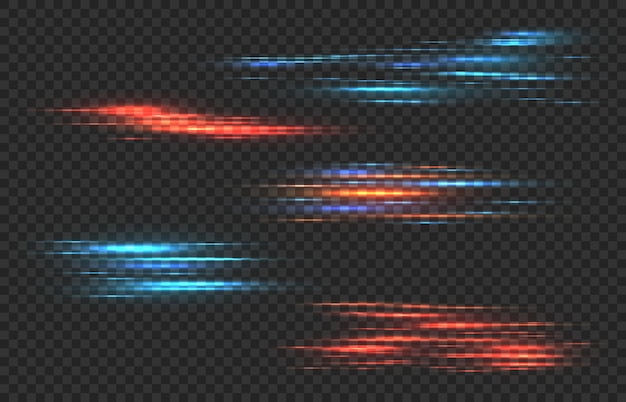 Vector light stripes. horizontal red and blue shine neon lines data connection futuristic abstract flash glow, high speed connecting smart technology power tails vector set isolated on transparent background