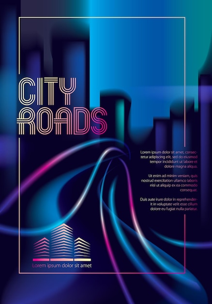 Light trails on the street of big city in the night. Effect vector beautiful background. Blur colorful dark background with cityscape, buildings silhouettes skyline. Brochure, flyer, cover, poster or