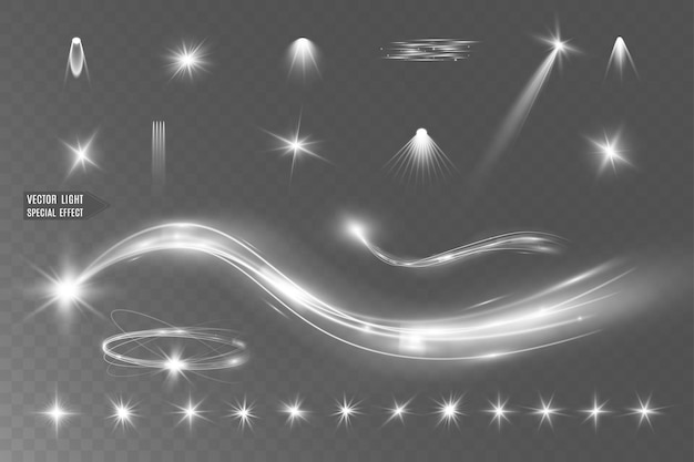 Vector light white wave and spotlight shine effectglow line sparkle shine silver white wavy effects