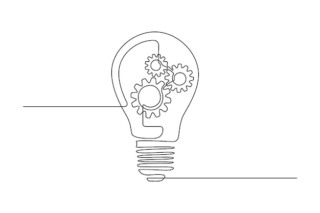 Вектор Лампочка с зубчатыми колесами в одной линии для логотипа, эмблемы, веб-баннера, презентации. простая творческая концепция инноваций. векторная иллюстрация