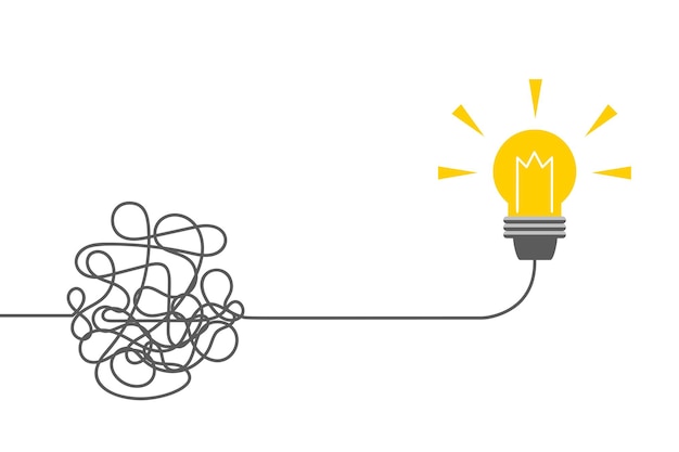 Lightbulb with tangled lines Problem solving and brainstorming Idea concept Vector illustration