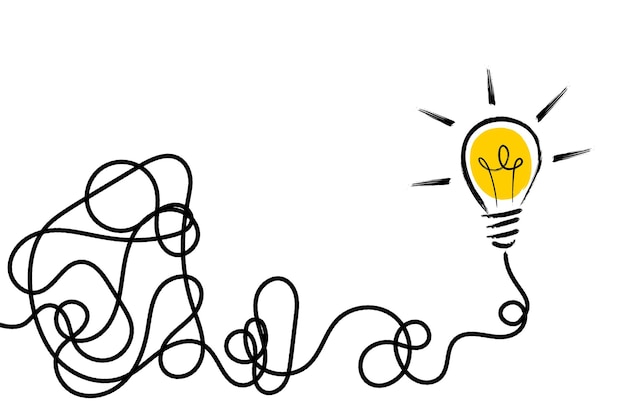 Lightbulb with tangled lines problem solving and brainstorming idea concept vector illustration