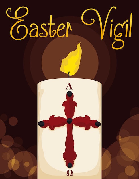 Vector lighted paschal candle for easter vigil on a night with bokeh effect in background