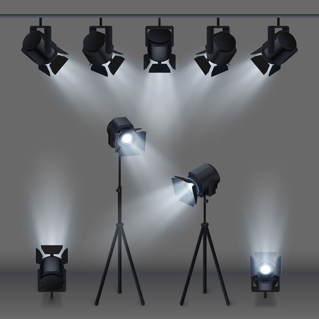 Vector lighted stage with studio spotlights