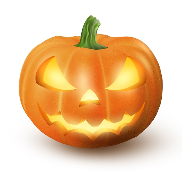 Vector lighten jack o lantern glowing halloween realistic smile face pumpkin with candle light inside. isolated on white background. scary expression.