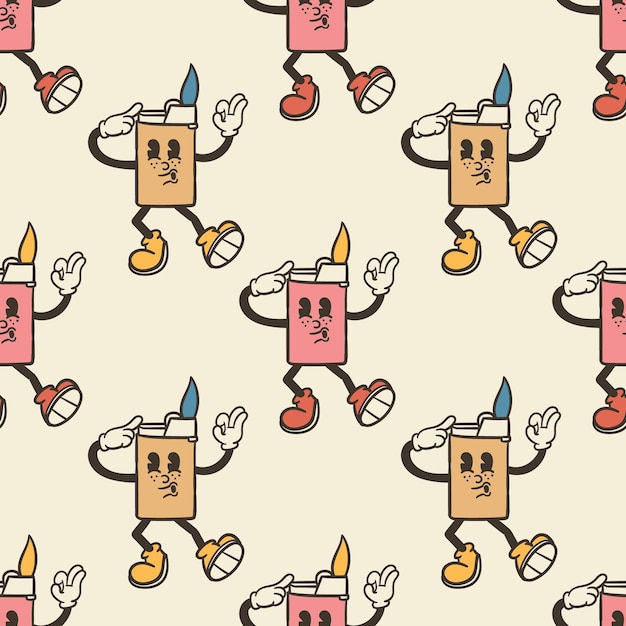 Vector lighter cartoon mascot with retro style seamless pattern