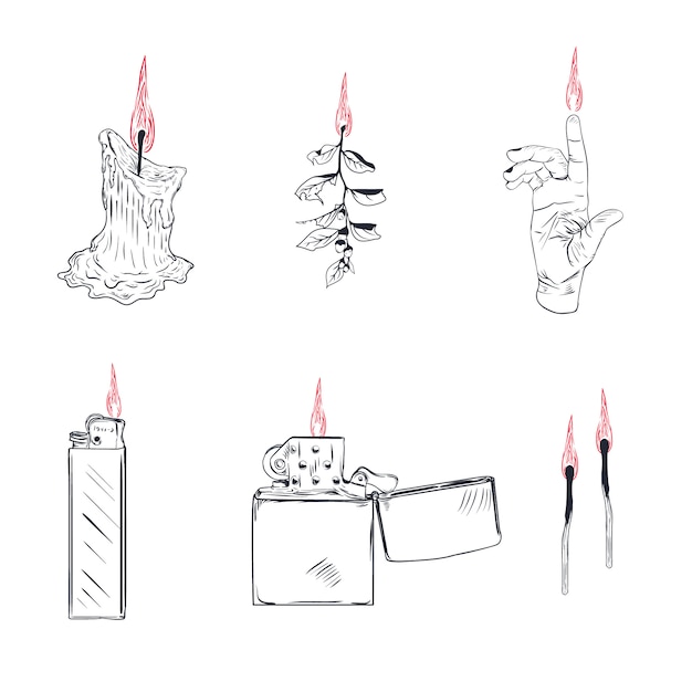 Lighter cigarette-lighter with fire or flame light to burn cigarette illustration set of flammable smoking equipment