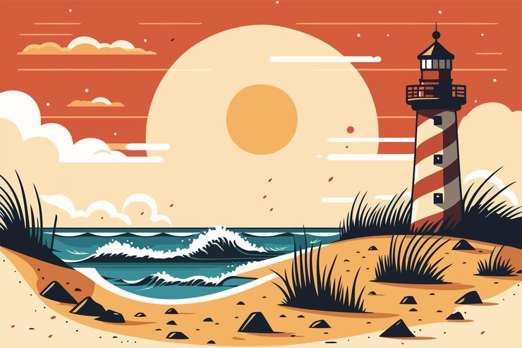 Vector lighthouse on the beach at sunset vector illustration in flat style