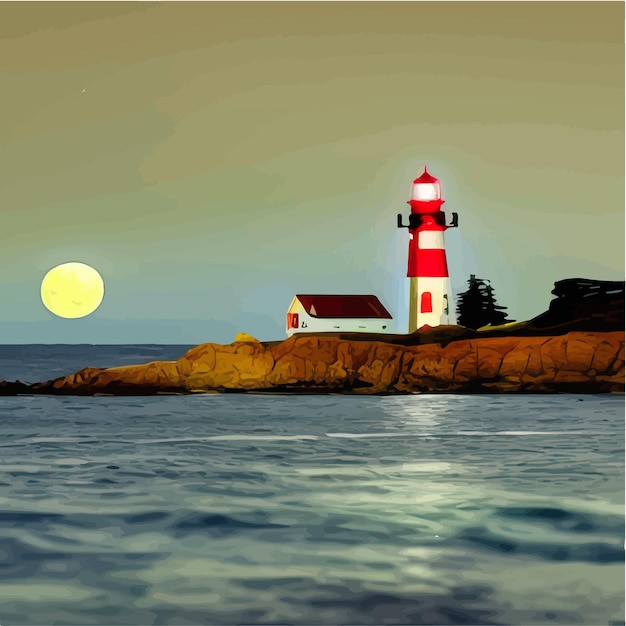 Lighthouse by sea tall building on hill and beautiful scenery romantic place by the water night view