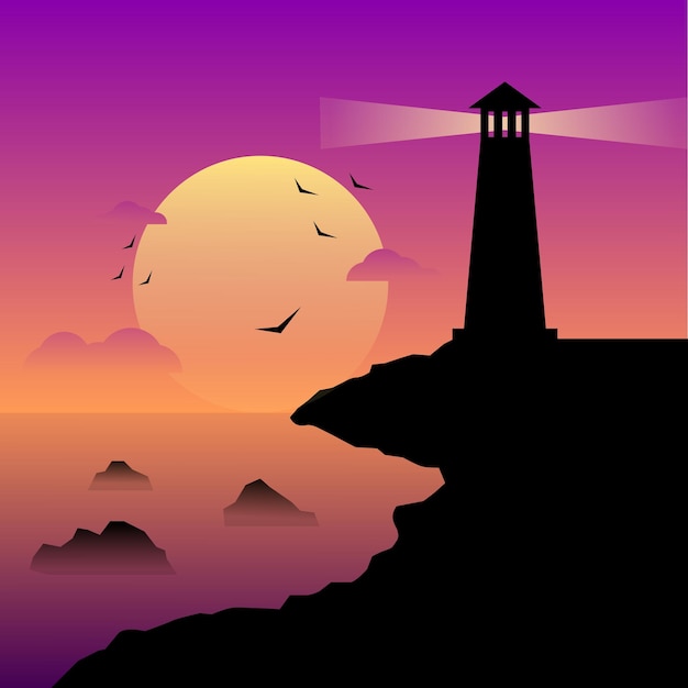 A lighthouse on a cliff with a sunset in the background.