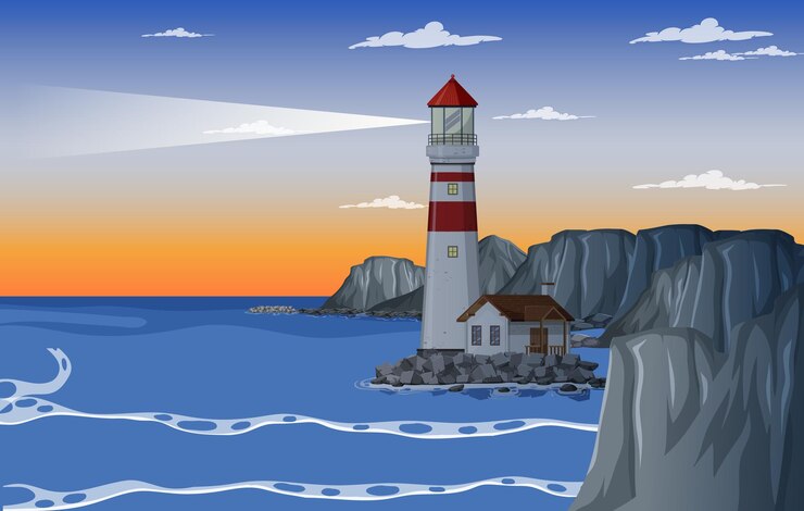 Vector lighthouse on the coast at dawn