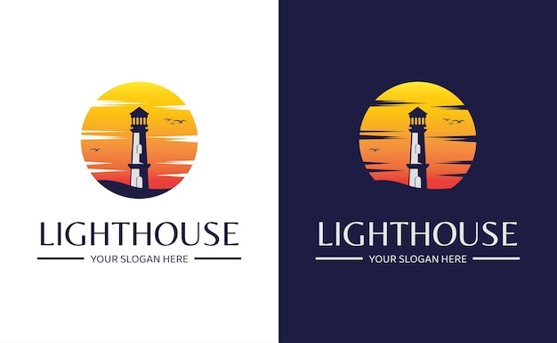 Vettore modello di logo di design del faro con sfondo al tramonto