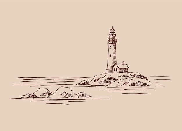 Маяк Ручной рисунок, преобразованный в векторный графический пейзаж морского побережья, вектор иллюстрации эскиза